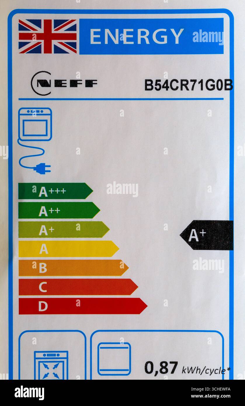 Etichetta di classificazione energetica adesivo di classificazione energetica - informazioni sugli elettrodomestici da cucina Neff forno classificato A* Foto Stock