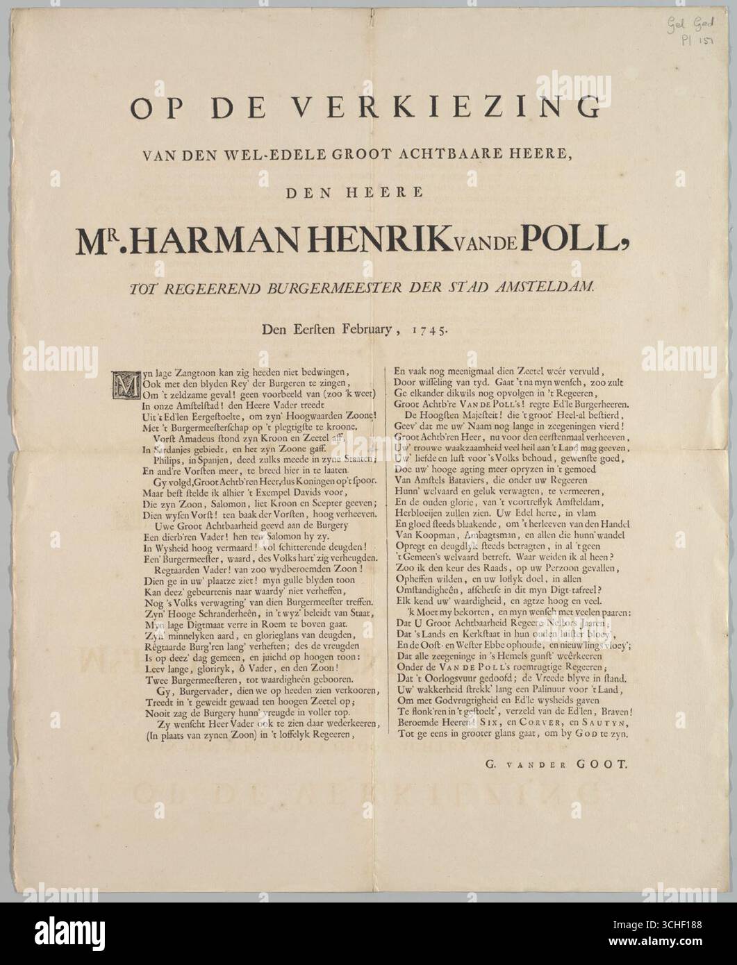 Op de verkiezing van den wel-edele groot achtbaare heere, den heere mr. Harman Henrik vande poll, tot regeerend burgermeester der stad Amsteldam. Den eersten febbraio 1745 Foto Stock