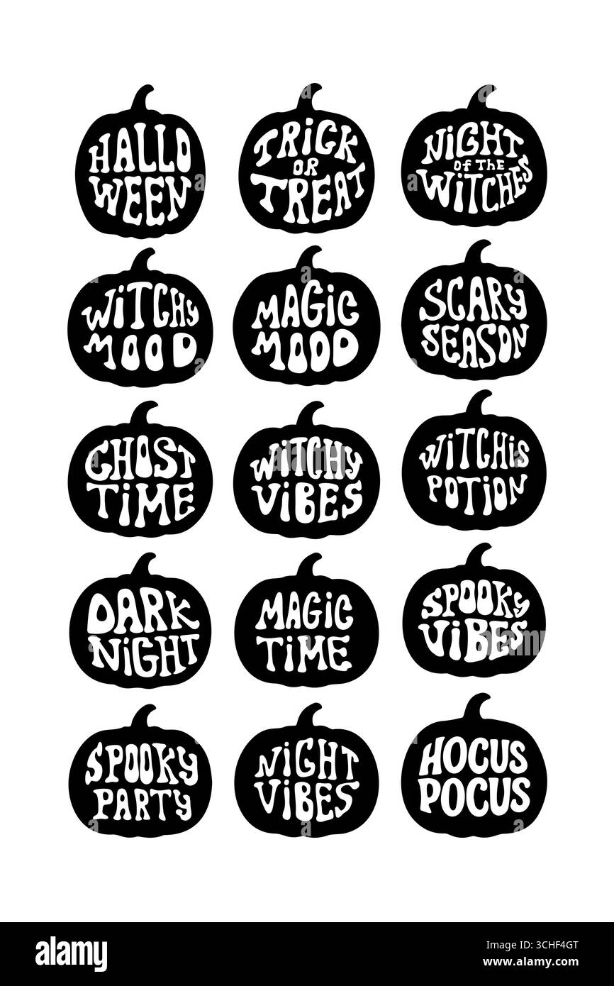 Icone di zucca di Halloween con frasi spaventose e temi festivi Illustrazione Vettoriale