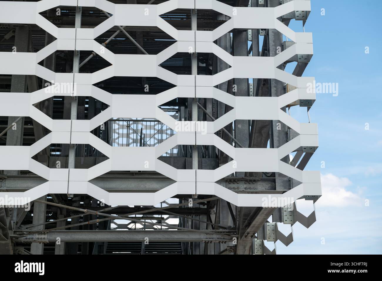 Dettagli costruttivi di facciate modulari in metallo espanso, innovazione architettonica e design moderno. Strutture uniche che ridefiniscono gli spazi urbani con un Foto Stock