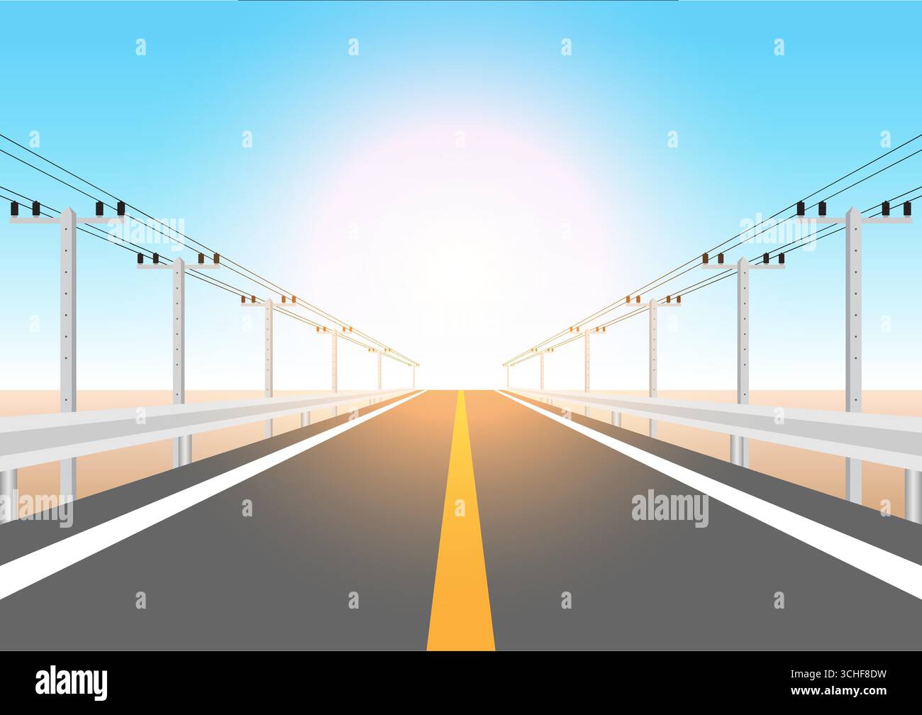 Pali elettrici lungo la strada. Tralicci elettrici. Trasmissione di potenza elettrica. Nylon ad alta tensione. Illustrazione vettoriale. Illustrazione Vettoriale