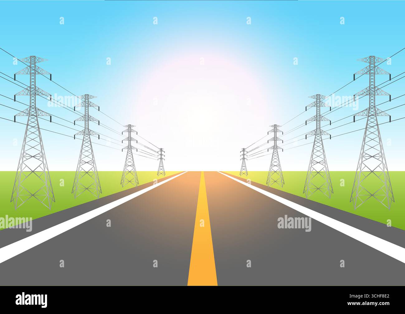 Torre elettrica in un campo contro il cielo blu. Tralicci elettrici. Trasmissione di potenza elettrica. Nylon ad alta tensione. Illustrazione vettoriale. Illustrazione Vettoriale