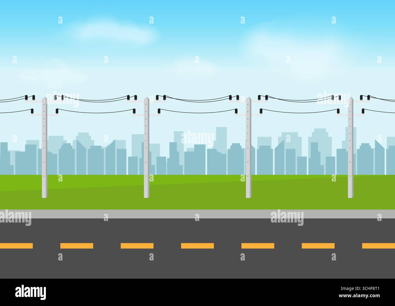 Palo elettrico in un campo contro il cielo blu. Tralicci elettrici. Trasmissione di potenza elettrica. Nylon ad alta tensione. Illustrazione vettoriale. Illustrazione Vettoriale