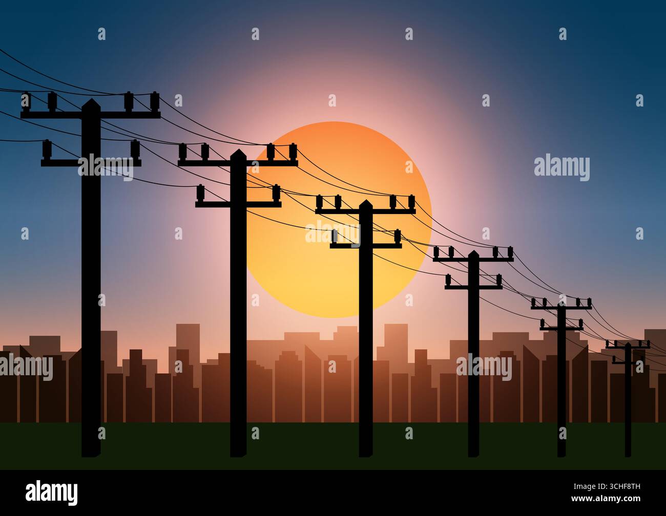 Palo elettrico contro Sunset. Tralicci elettrici. Trasmissione di potenza elettrica. Nylon ad alta tensione. Illustrazione vettoriale. Illustrazione Vettoriale