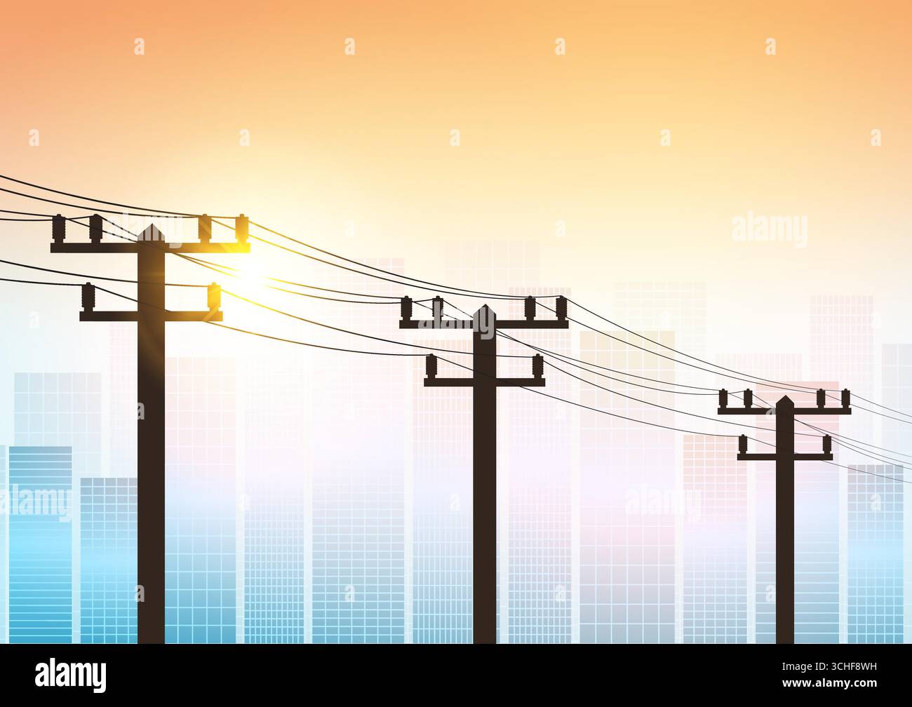 Palo elettrico contro Sunset. Tralicci elettrici. Trasmissione di potenza elettrica. Nylon ad alta tensione. Illustrazione vettoriale. Illustrazione Vettoriale