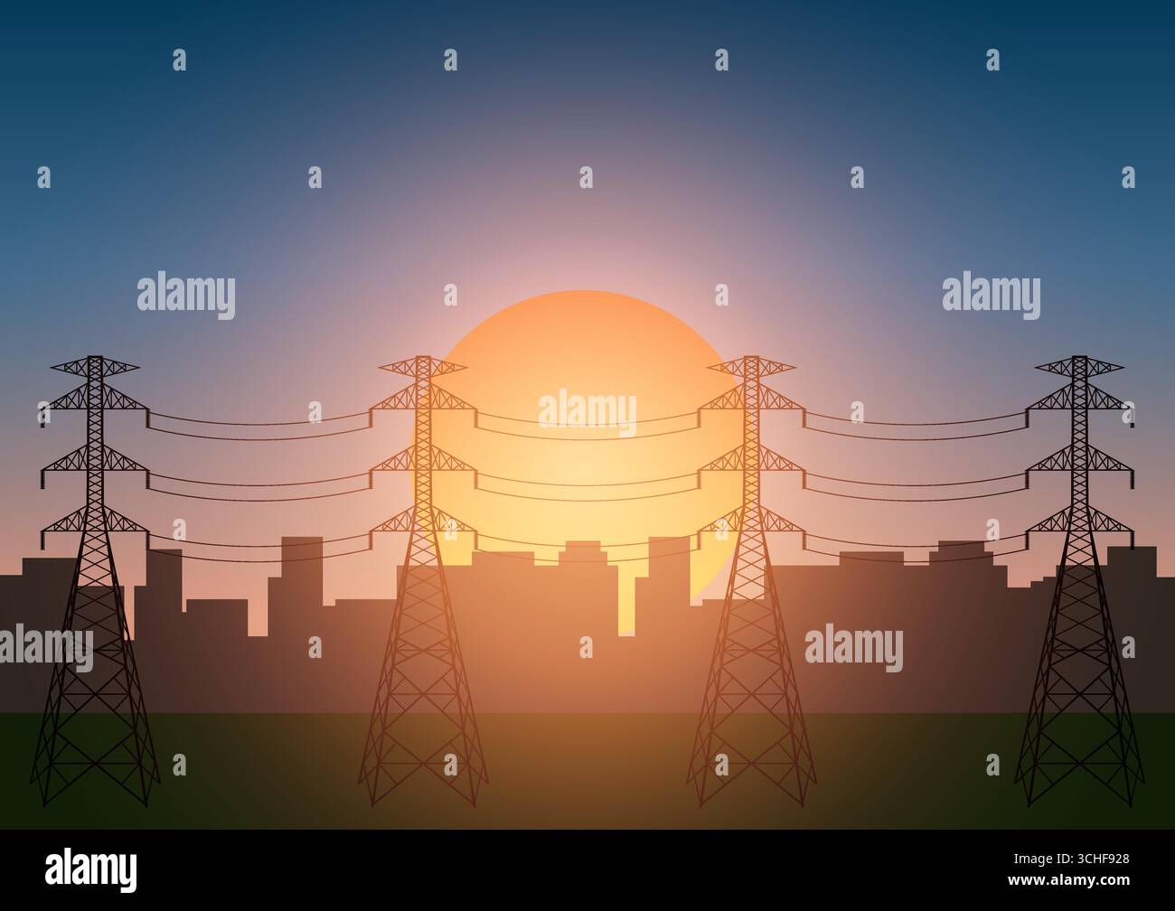 Torre elettrica in una città contro il tramonto. Tralicci elettrici. Polo ad alta tensione. Illustrazione del vettore della torre di trasmissione dell'alimentazione. Illustrazione Vettoriale