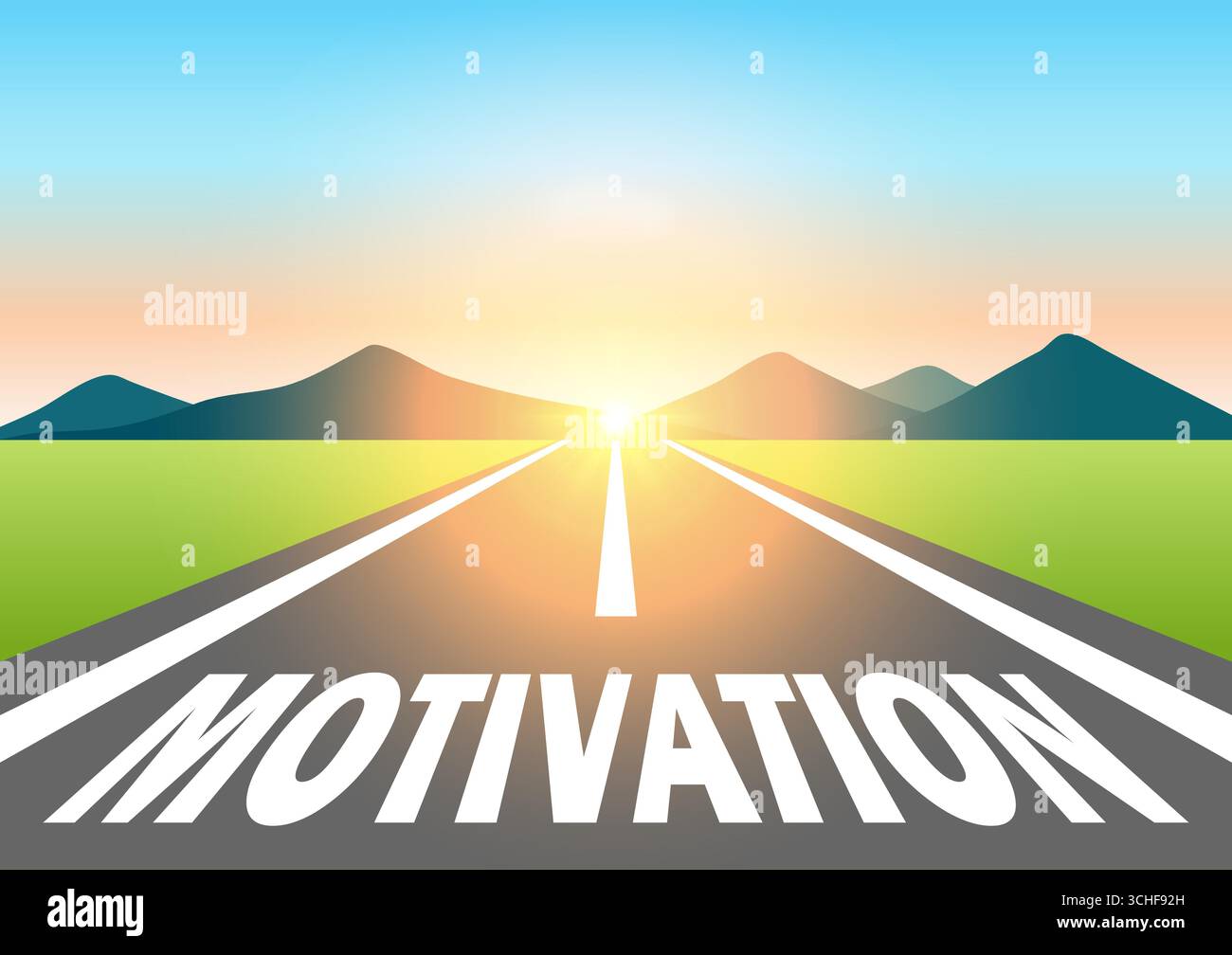 Motivazione. Motivazione scritta su strada asfaltata a Beautiful Sunrise and Mountain. Strada verso la motivazione. Illustrazione vettoriale. Illustrazione Vettoriale