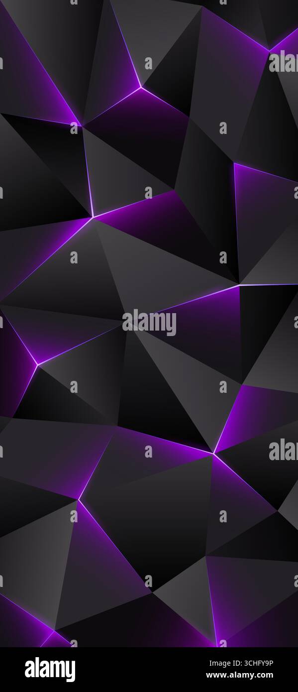 Sfondo scuro per smartphone con basso contenuto di poli. Triangoli di sfondo geometrici astratti. Linee tratteggiate brillanti, triangolo. Sfondo grigio e viola. Poligono Illustrazione Vettoriale