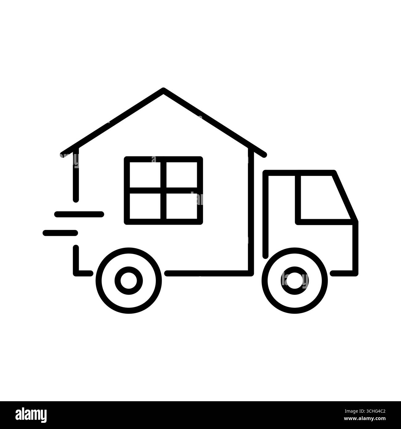 Piccola casa sulle ruote e icona della linea del camion in movimento a casa. Case mobili, stile di vita dei viaggi, libertà di movimento. Servizi di trasloco, logistica, trasporti. Illustrazione Vettoriale