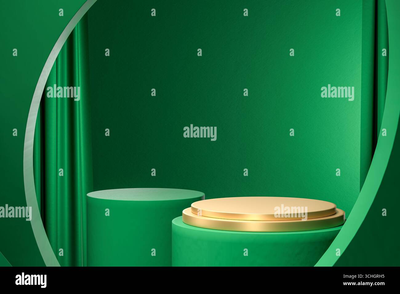 Tema di lusso con palco verde e oro vuoto per la presentazione del prodotto, elegante scena minimalista per mostrare articoli di prima qualità per Natale o festino Foto Stock