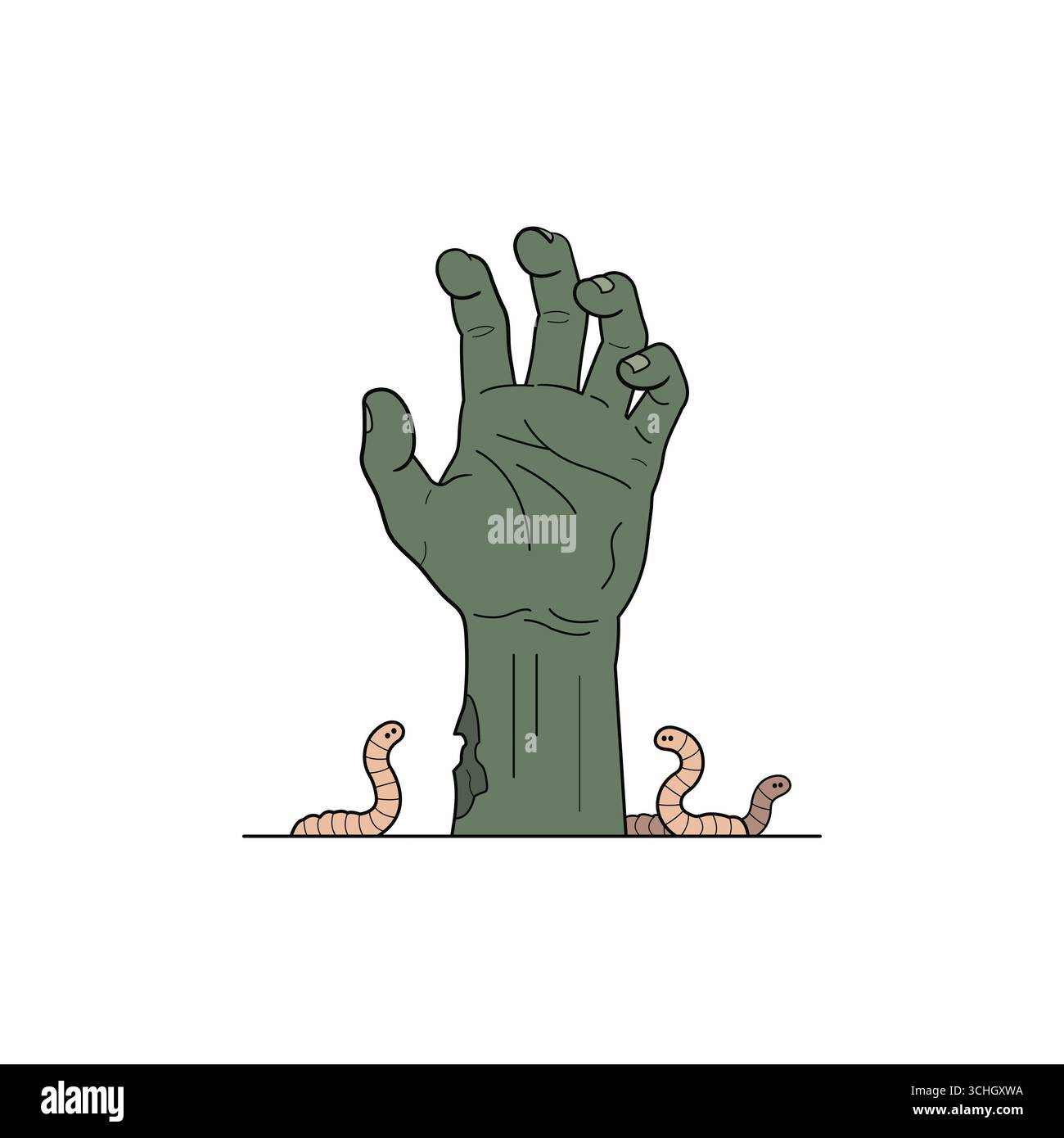 Mano zombie che si solleva da terra con vermi ad Halloween Illustrazione Vettoriale