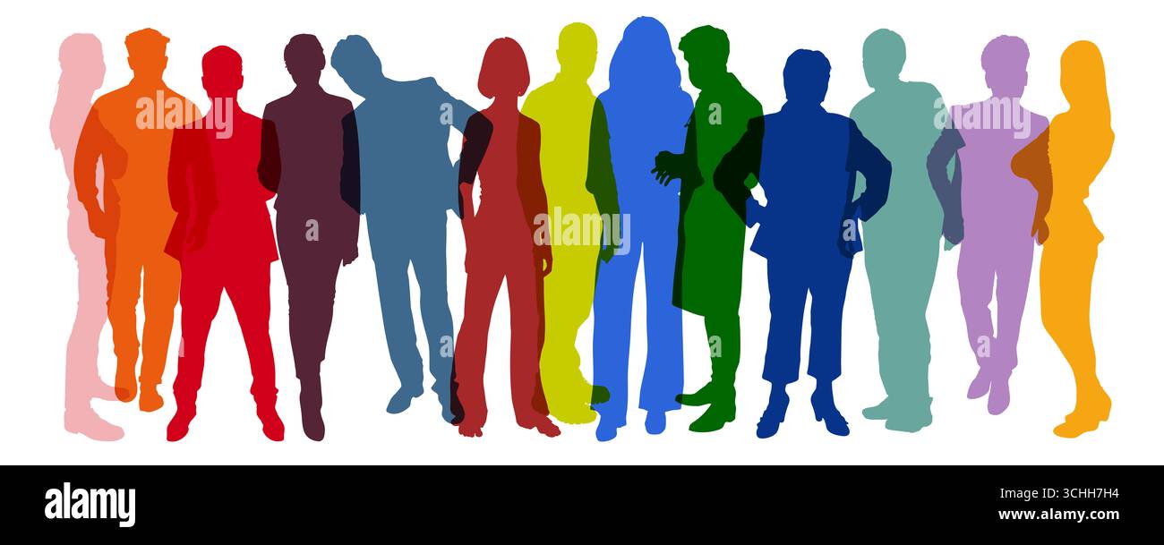 Silhouette colorate, trasparenti e monocromatiche di molti adulti in varie pose come concetto Foto Stock
