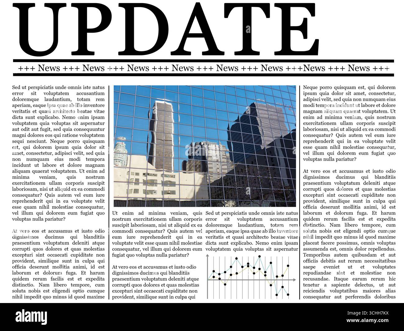 Una newsletter dal design accattivante che presenta riflessioni sulla città, sezioni di testo e grafica. Perfetto per design editoriale, temi di comunicazione, a. Foto Stock