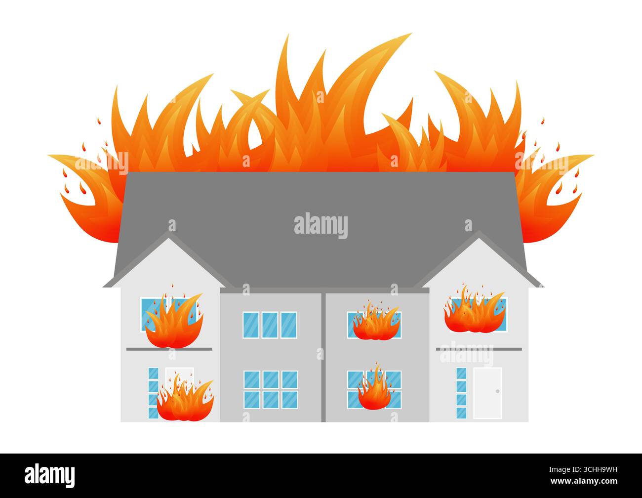 Casa in fiamme. Fuoco in casa. Casa in fiamme. Illustrazione vettoriale dell'assicurazione antincendio isolata su sfondo bianco. Illustrazione Vettoriale