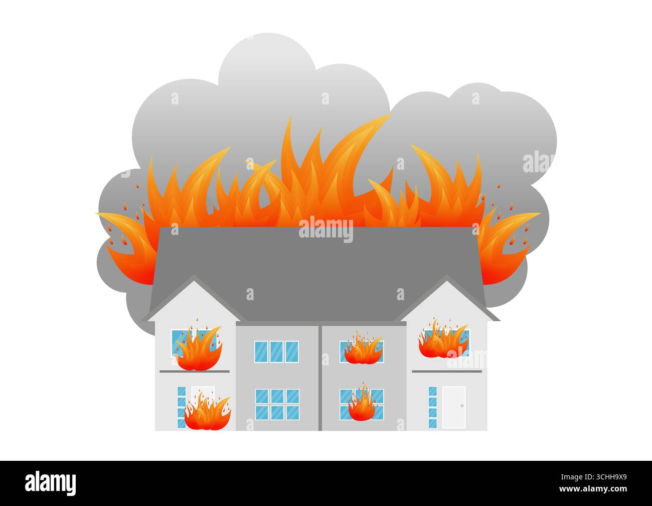 Casa in fiamme. Fuoco in casa. Casa in fiamme. Illustrazione vettoriale dell'assicurazione antincendio isolata su sfondo bianco. Illustrazione Vettoriale