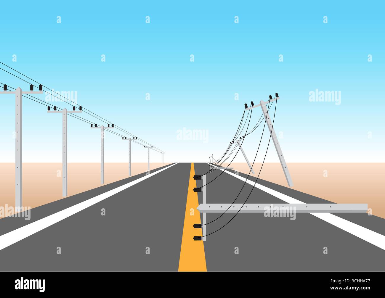 Polo elettrico rotto. Tempesta danneggiata al polo elettrico sulla strada. Illustrazione Vettoriale