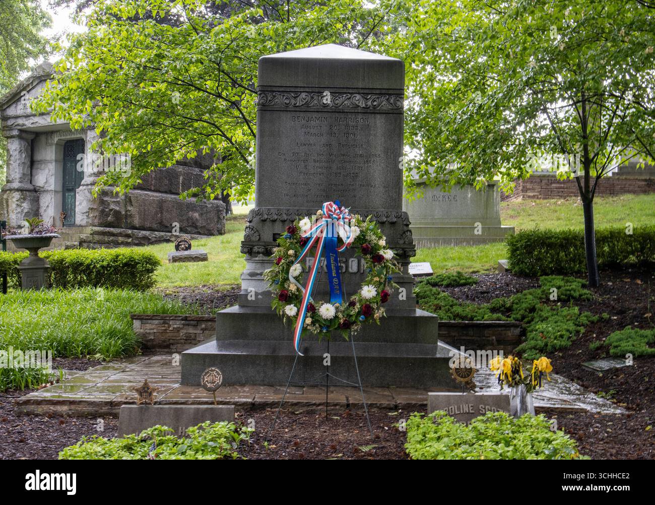 Il 23° presidente degli Stati Uniti, Benjamin Harrison, riposa al Crown Hill Cemetery di Indianapolis, onorato con una maestosa tomba. Foto Stock