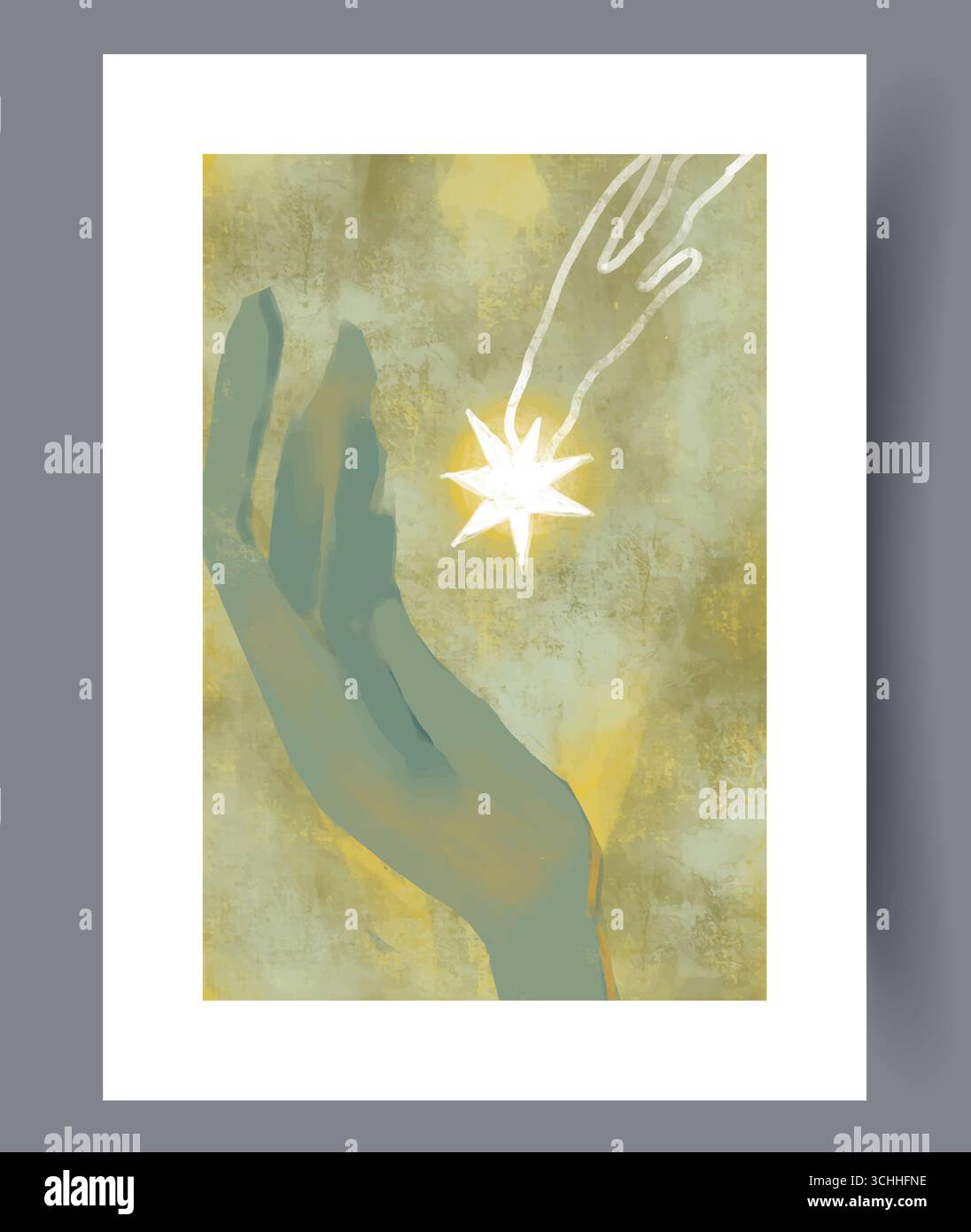 Una mano artistica che si avvicina a una stella luminosa all'interno di un'illustrazione astratta colorata e sognante Foto Stock