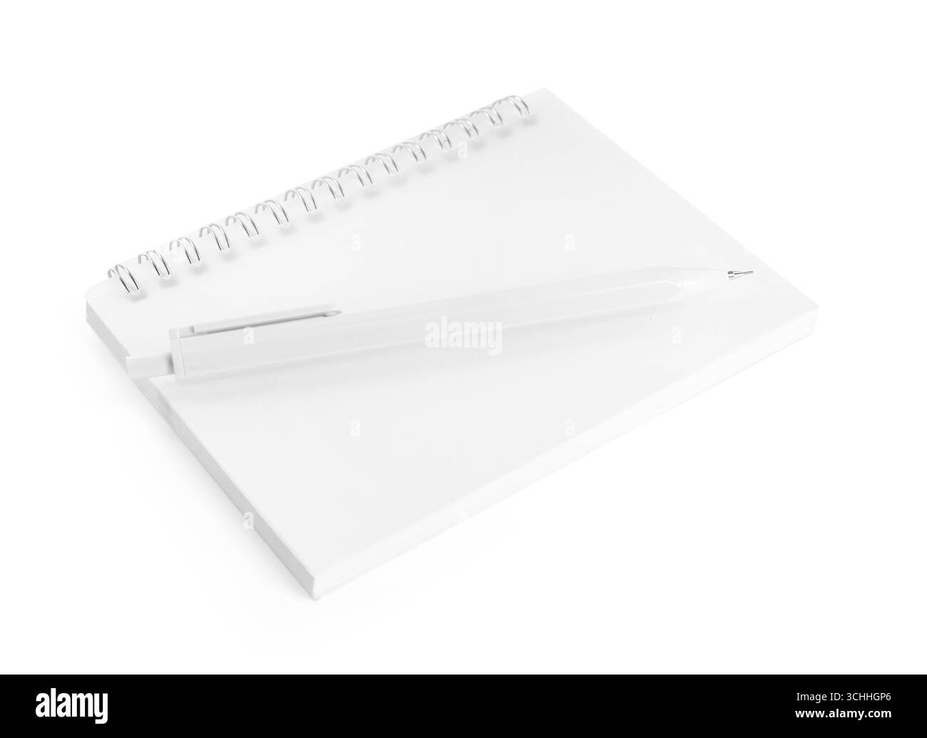 Notebook e matita meccanica isolati su bianco Foto Stock