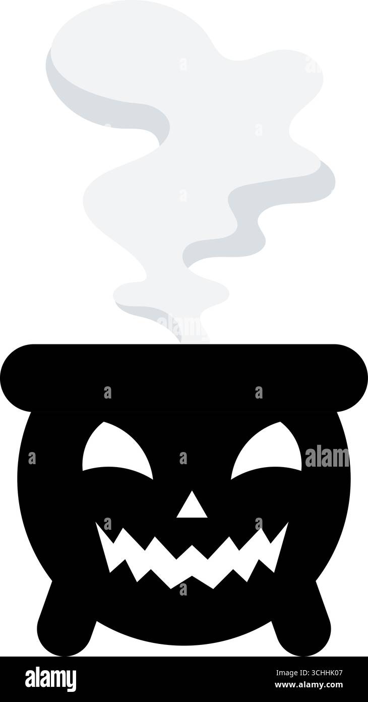 Spaventoso calderone di Halloween con Evil Face e Rising Smoke. Uno spaventoso calderone nero progettato con un sinistro volto di Jack o Lanterna, denti e occhi affilati. Illustrazione Vettoriale