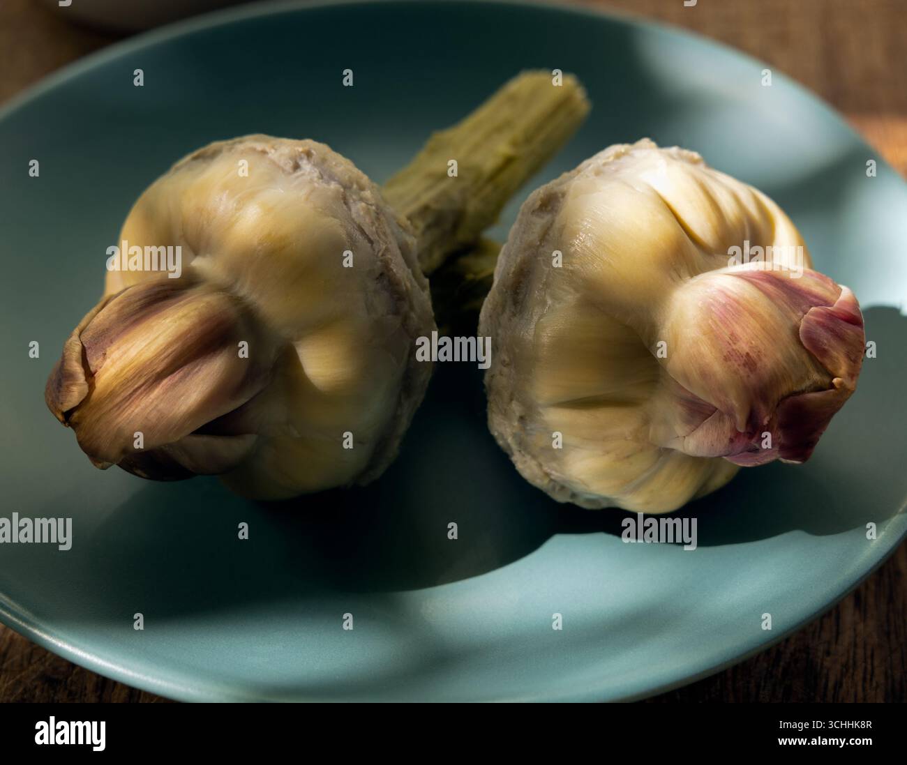 Due carciofi crudi su un piatto blu pastello, fianco a fianco. L'illuminazione naturale mette in risalto i toni terrosi e le texture a strati. Foto Stock