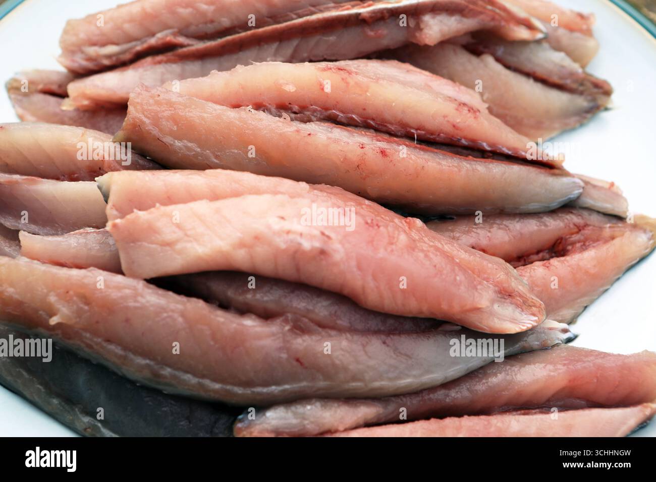 Piatto di sgombri appena sgombri pescati con pesca con lenze al largo della costa dell’isola di Mull nelle Ebridi interne della Scozia Foto Stock