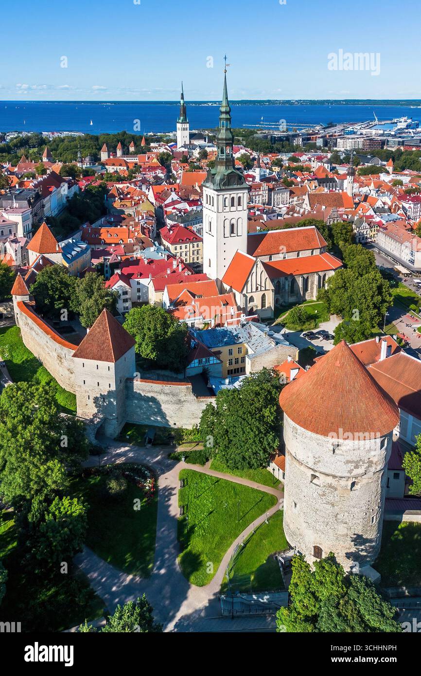Vista aerea della Chiesa di San Nicola nella città vecchia di Tallinn (Vanalinn), la capitale dell'Estonia, uno degli stati baltici Foto Stock