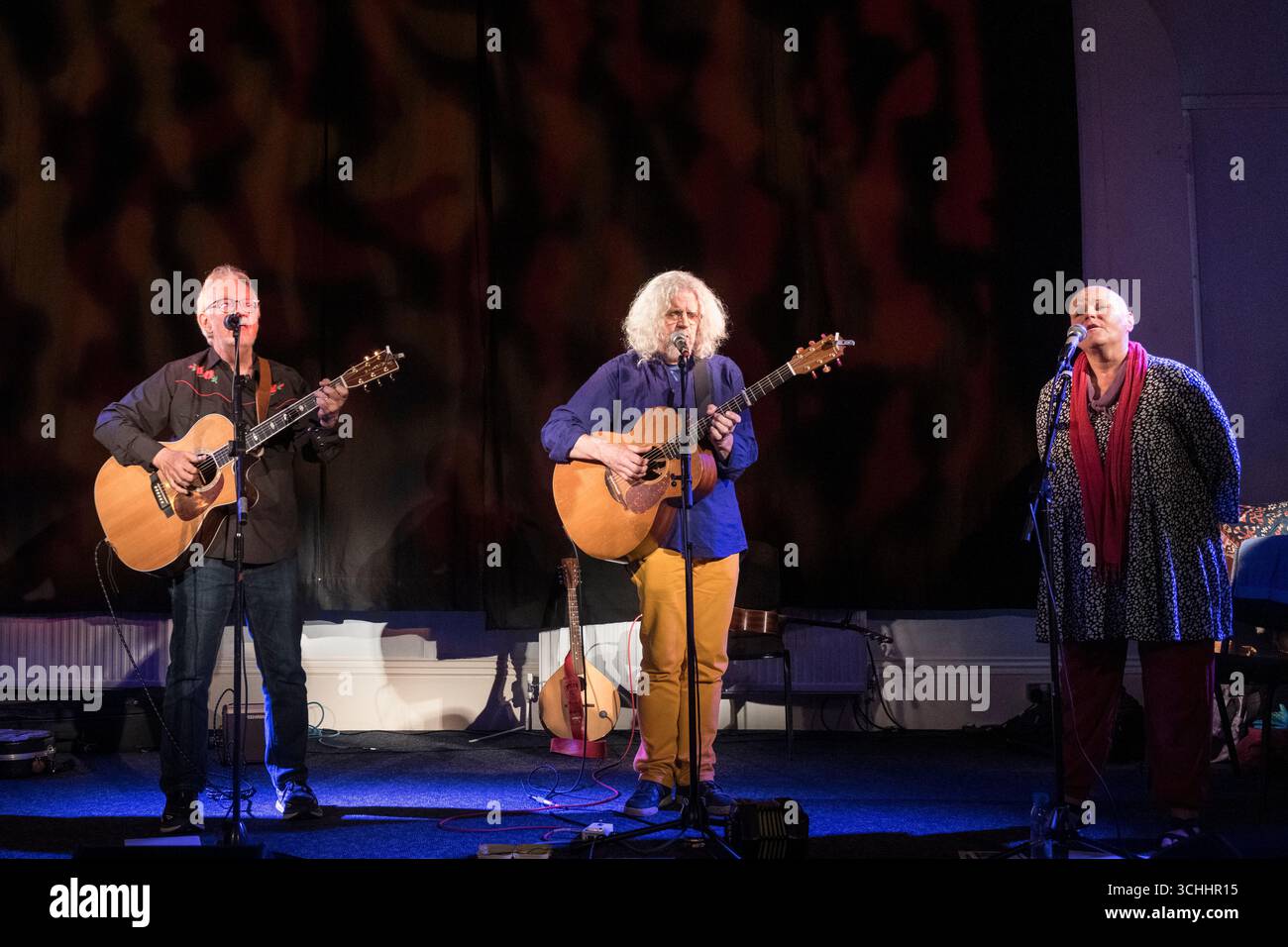 Taradiddle, un trio di musica folk svizzero che si esibisce nella piccola città di Presteigne, Powys, Regno Unito Foto Stock