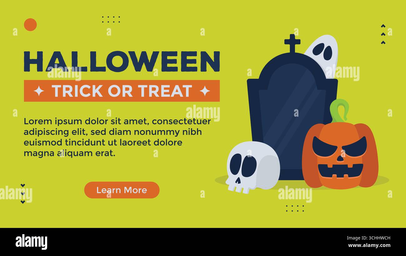 Colorato design di Halloween con personaggi giocosi e spaventosi come zucca, fantasma, teschio e lapide Illustrazione Vettoriale