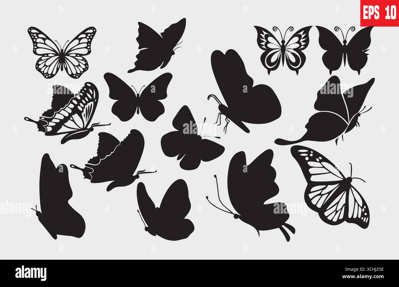 Set di elegante icona Vector con silhouette a farfalla - Clipart a farfalla nera per logo, tatuaggio e design Illustrazione Vettoriale
