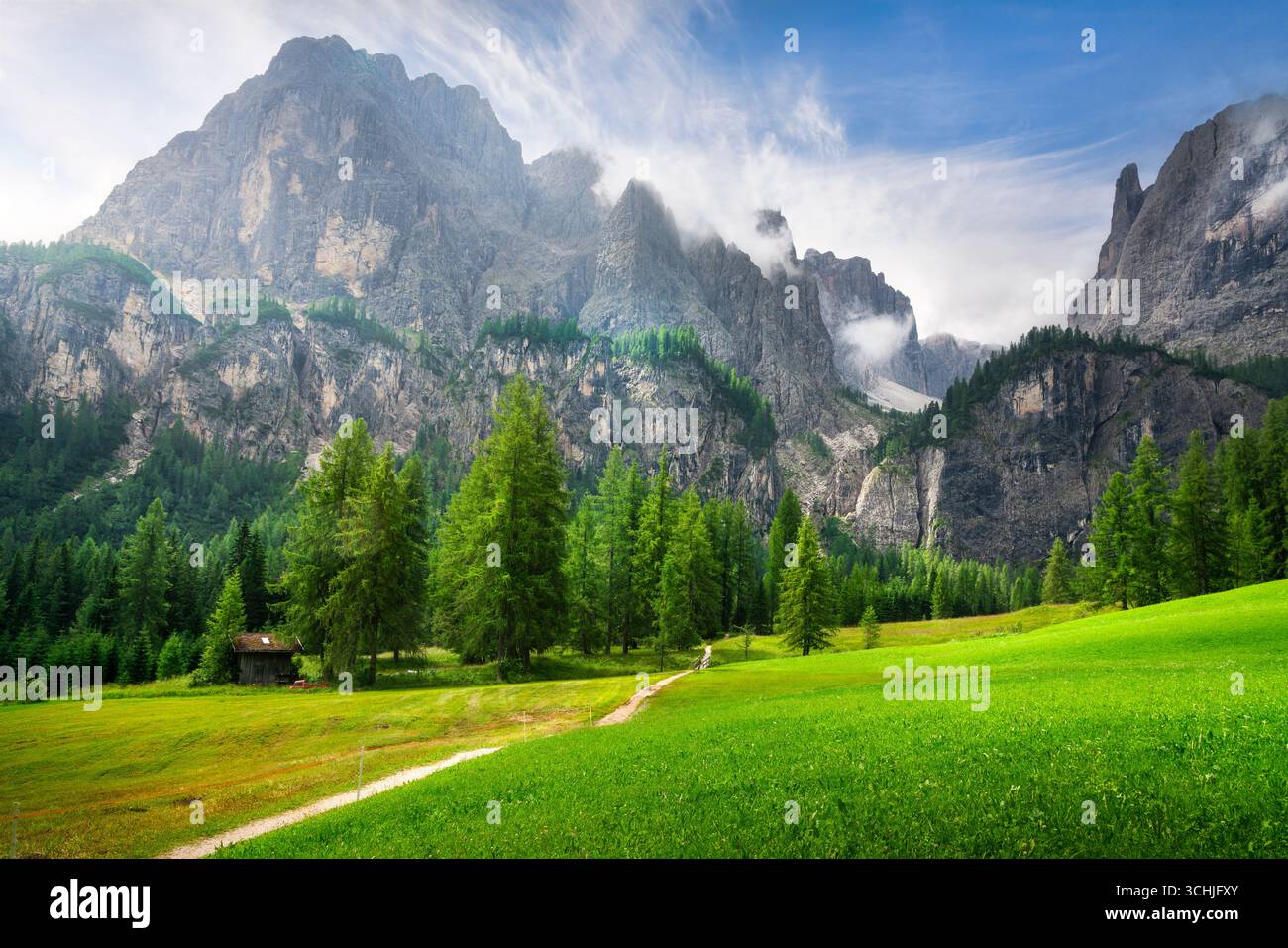 Sentiero panoramico che conduce alle cascate di Pisciadù vicino a Colfosco, con prati lussureggianti, foreste di conifere e torreggianti cime calcaree delle Dolomiti, Foto Stock