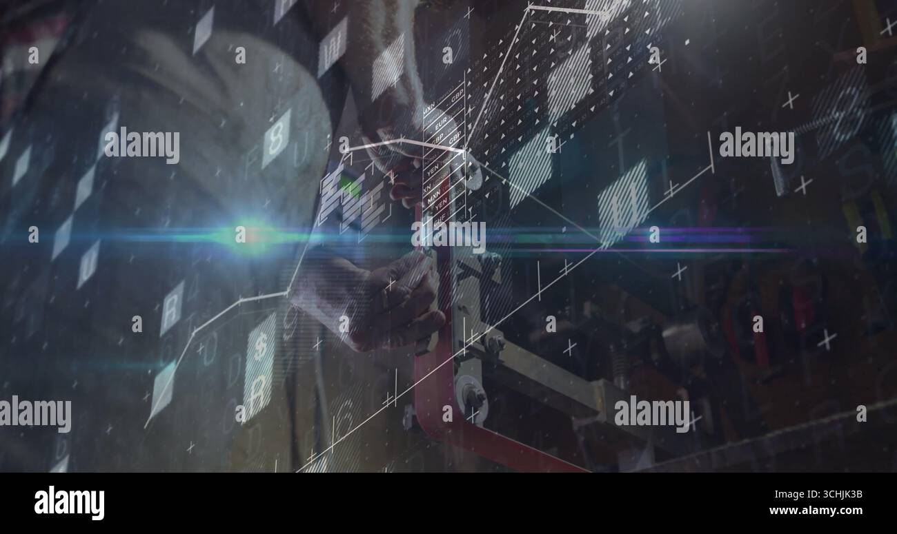 Giunto del tubo di regolazione per tecnici con guanti utilizzando una chiave per tubi rossa sulla piattaforma, con rivestimento digitale Foto Stock