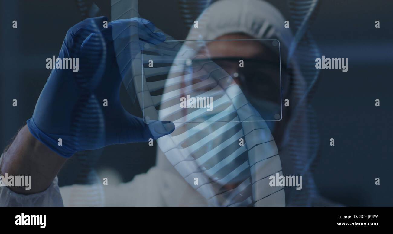 Per trattenere lo scienziato vetrino che indossa una tuta protettiva in laboratorio, con elica DNA e guanti in nitrile Foto Stock