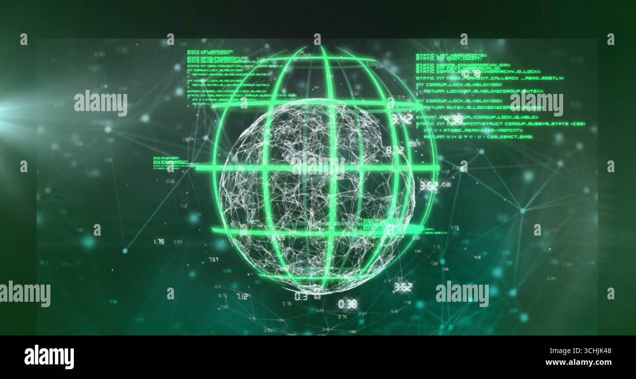 Globo wireframe verde neon mobile che mostra nodi di rete e frammenti di codice in uno spazio virtuale scuro Foto Stock