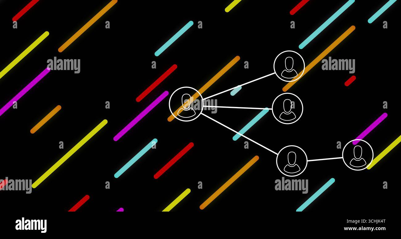 Mostra l'icona della silhouette dell'utente che si collega a quattro icone con linee bianche sul nero, con barre al neon Foto Stock