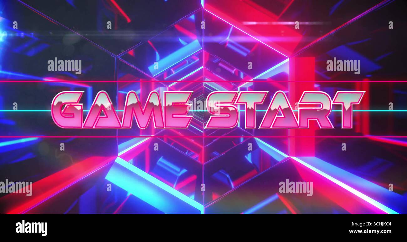 Visualizzazione del testo DI AVVIO DEL GIOCO al neon stilizzato all'interno di un tunnel di gioco virtuale, con fasci esagonali luminosi Foto Stock