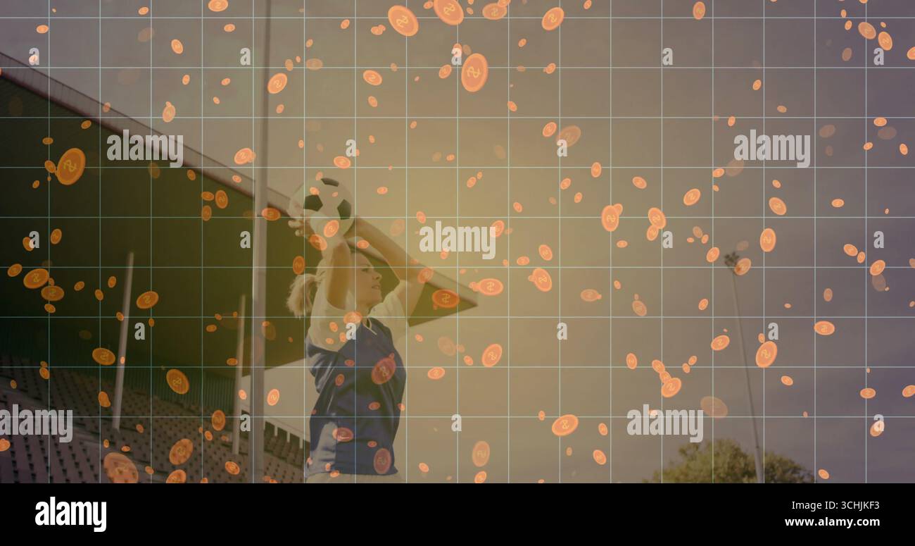 Giocatore di baseball che dondola la mazza alla palla nello stadio, con sbiancanti, asta foul, griglia e icone a moneta Foto Stock