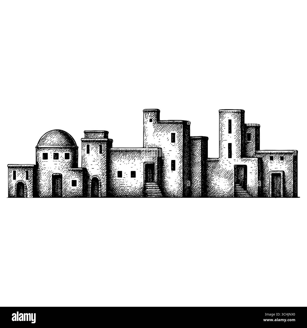 La Terra Santa: Una vista panoramica al tramonto dell'antica città biblica di Betlemme o Nazareth con la tradizionale architettura in pietra e le palme Illustrazione Vettoriale