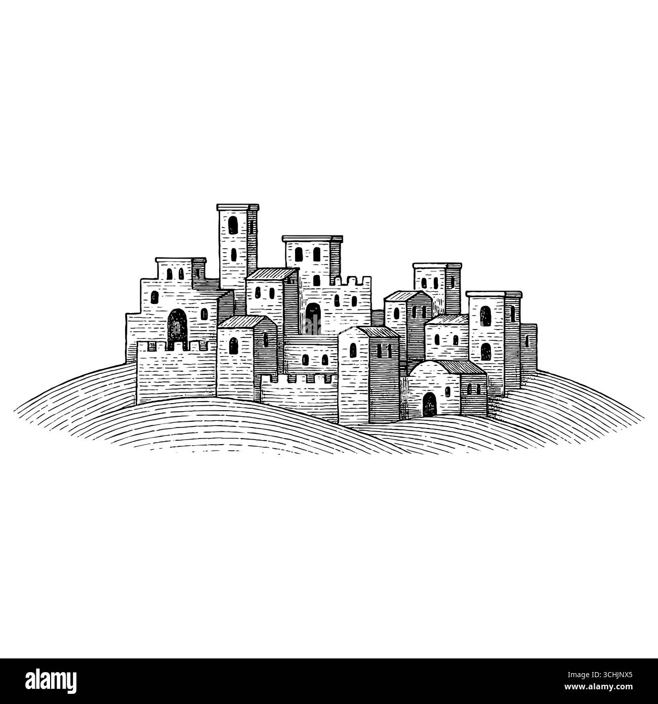 La Terra Santa: Una vista panoramica al tramonto dell'antica città biblica di Betlemme o Nazareth con la tradizionale architettura in pietra e le palme Illustrazione Vettoriale