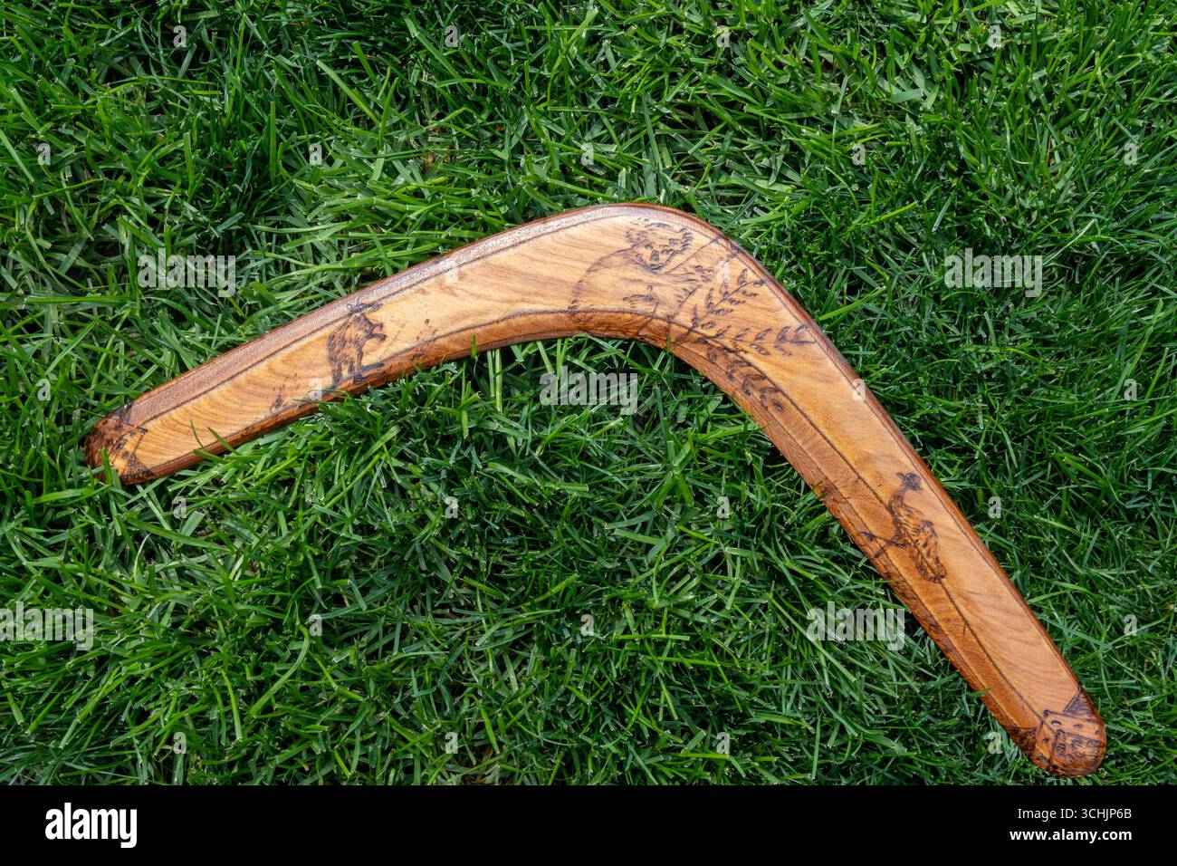Primo piano di un boomerang in legno vintage degli anni '1970 dall'Australia su un prato suburbano negli Stati Uniti. Foto Stock