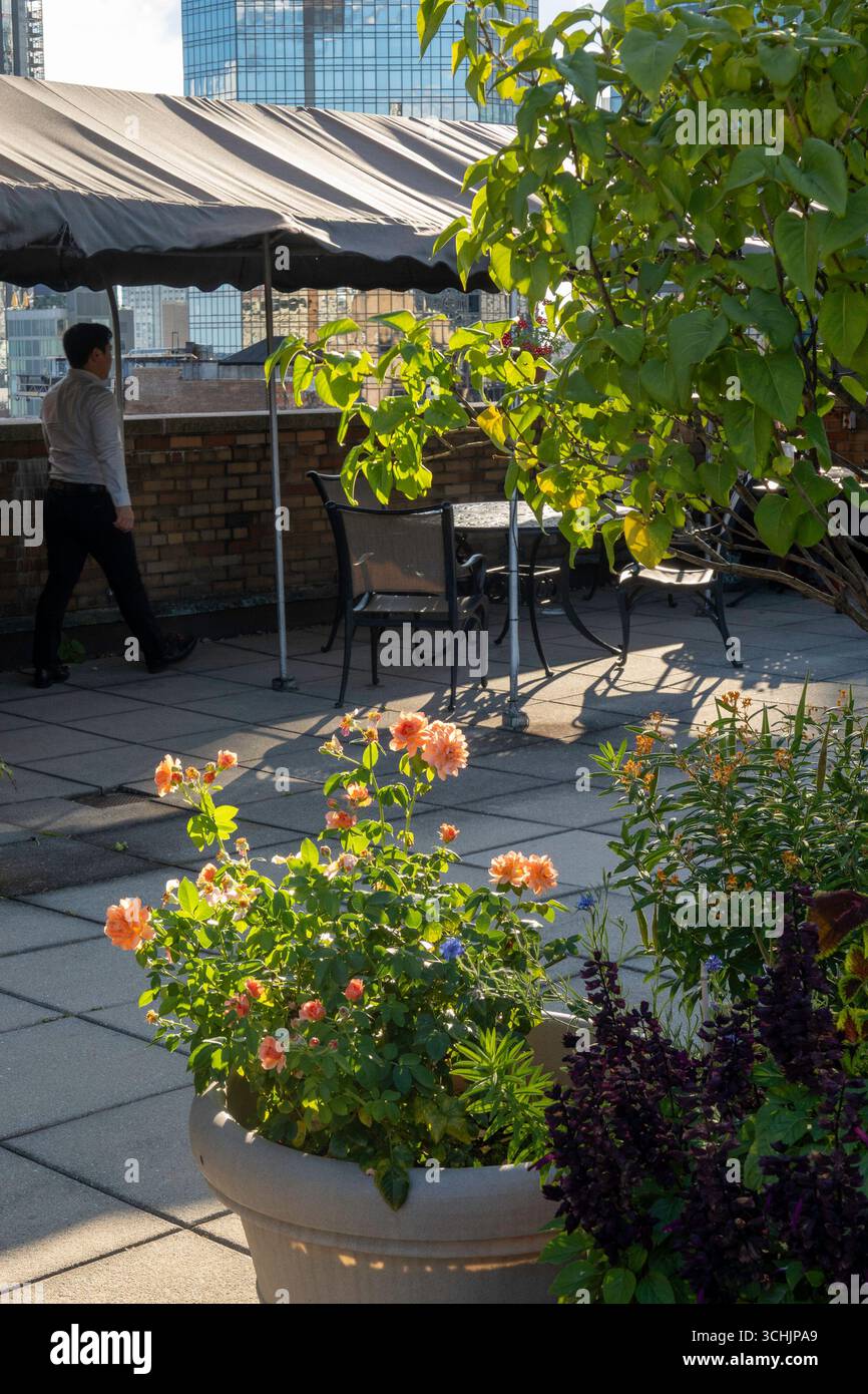 Una bella terrazza panoramica sul tetto di un edificio cooperativo Park Avenue nel quartiere storico di Murray Hill in un pomeriggio estivo, 2025, New York City, Stati Uniti Foto Stock