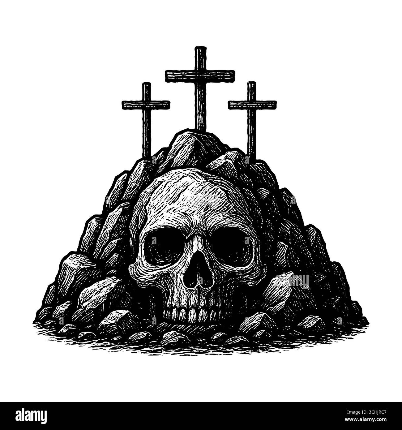 Tre croci sul Monte Golgotha, un luogo di esecuzione a forma di teschio Illustrazione Vettoriale