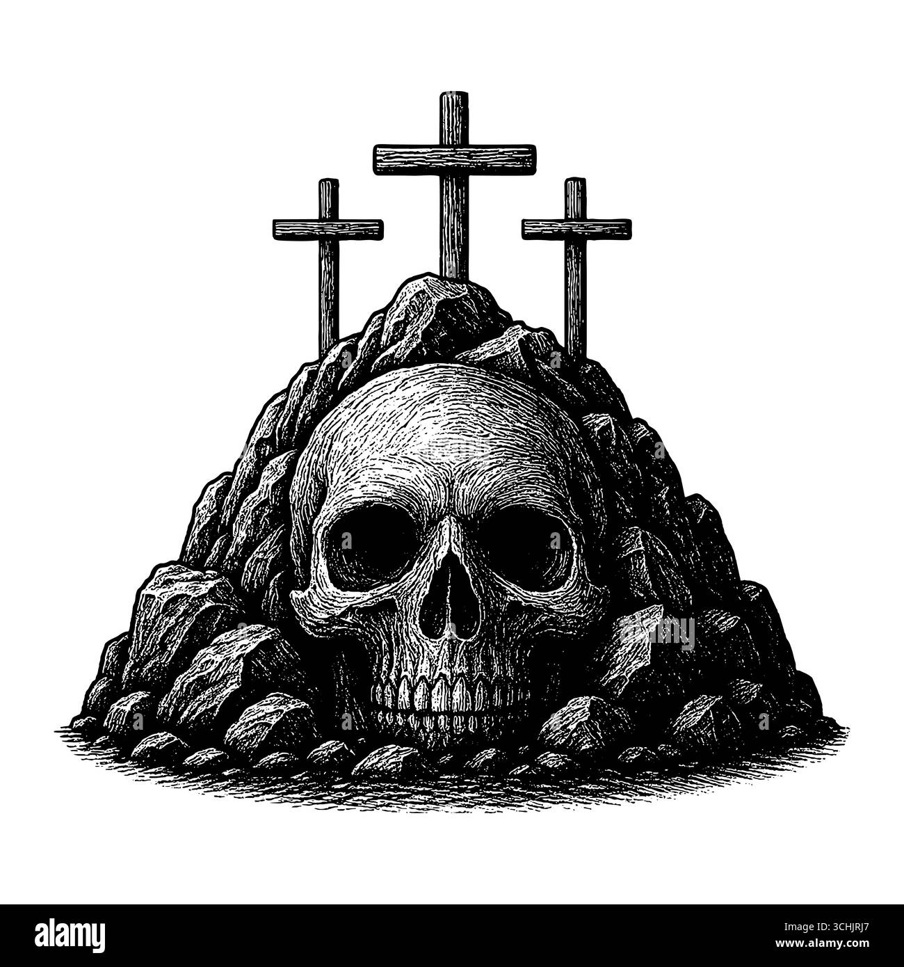 Tre croci sul Monte Golgotha, un luogo di esecuzione a forma di teschio Illustrazione Vettoriale