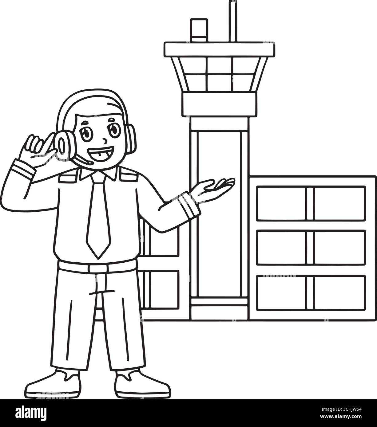 Pilota maschio nella parte anteriore del controllo della torre dell'aria isolato Illustrazione Vettoriale