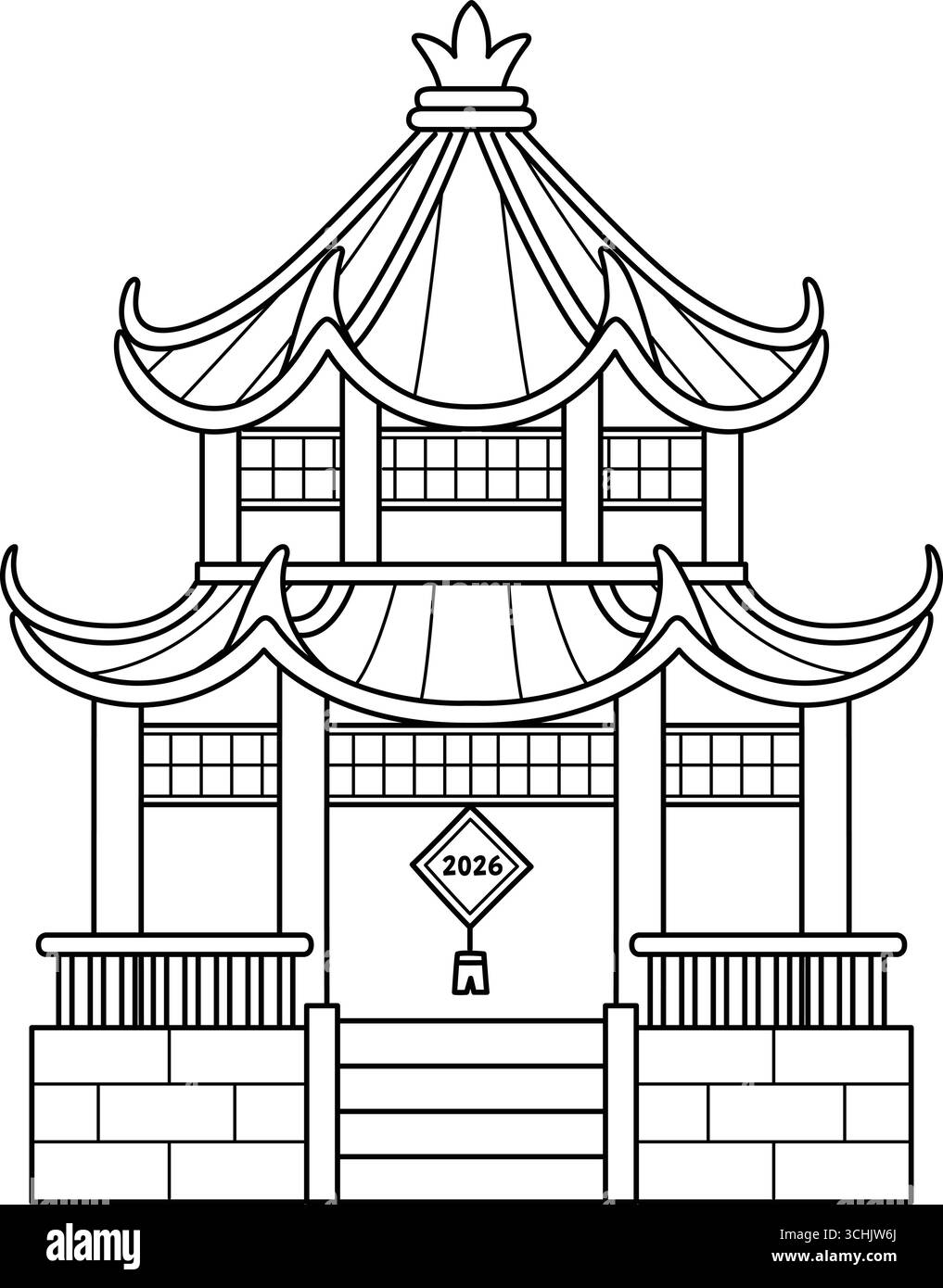 Pagina isolata da colorare del Tempio Cinese per i Bambini Illustrazione Vettoriale