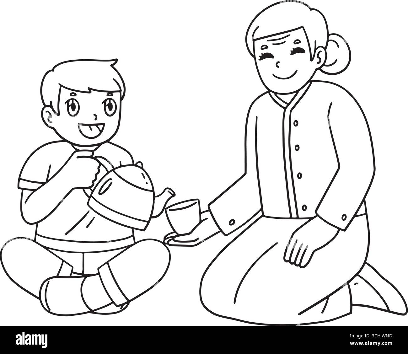 Il tè della nonna del nipote del Festival di metà autunno isolato Illustrazione Vettoriale