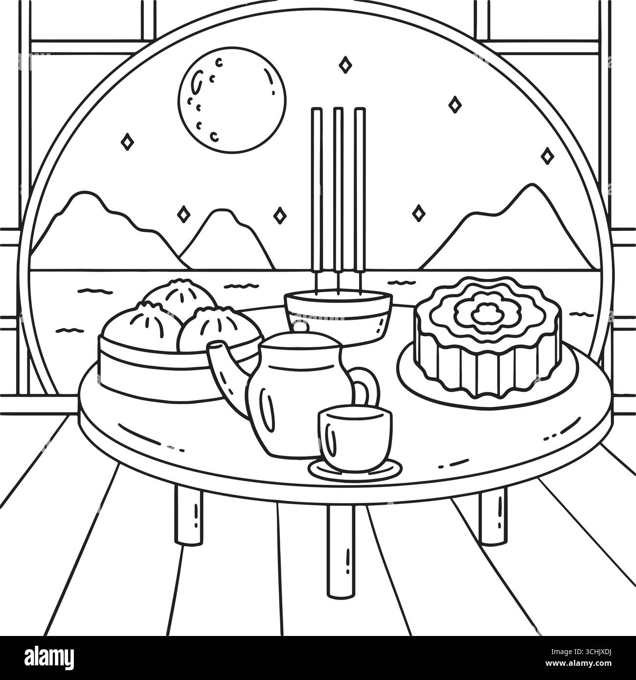 Festival di metà autunno, offre piatti da colorare Illustrazione Vettoriale