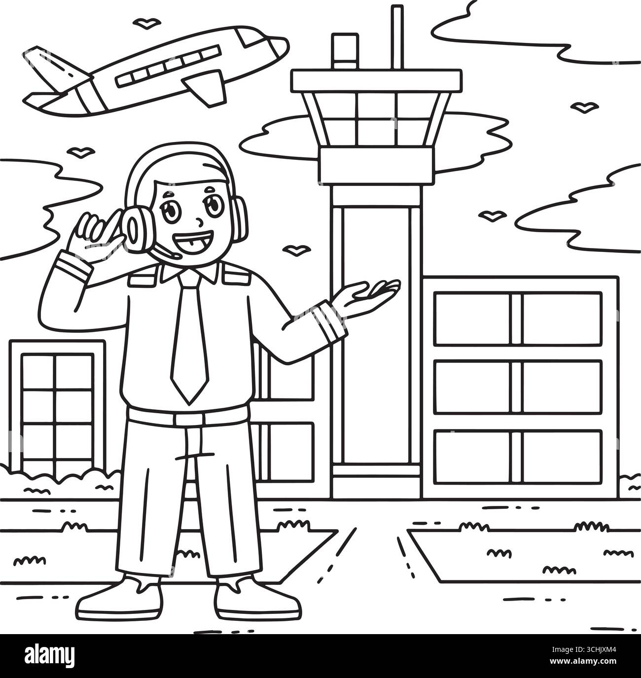 Pilota maschio di fronte al colore di controllo della torre dell'aria Illustrazione Vettoriale