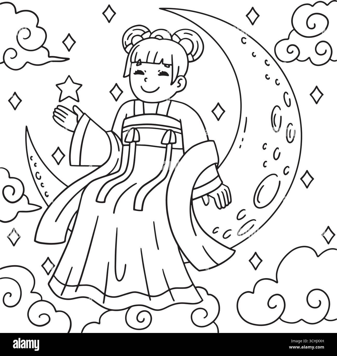 Festival di metà autunno Chang e and the Moon Coloring Illustrazione Vettoriale