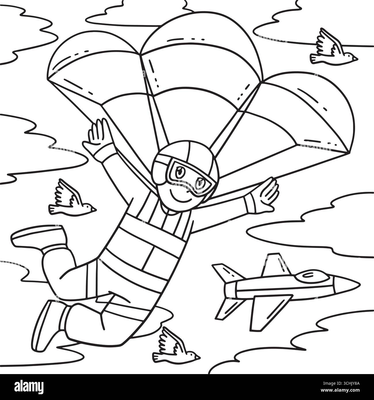 Pilota maschio con paracadute colorare pagina per bambini Illustrazione Vettoriale